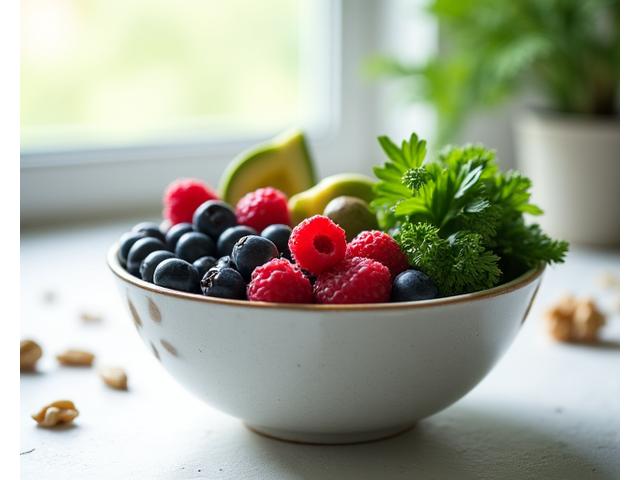 A bowl of mixed berries, leafy greens, and nuts, representing anti-inflammatory foods.