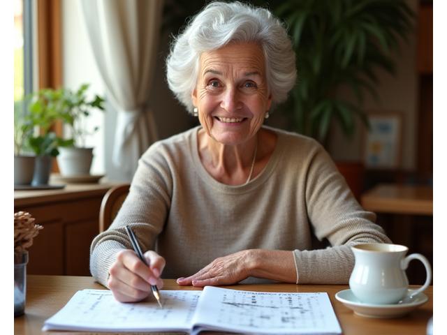 An elegant older woman smiling while solving a crossword puzzle with a cup of tea, representing cognitive engagement and enjoyment.