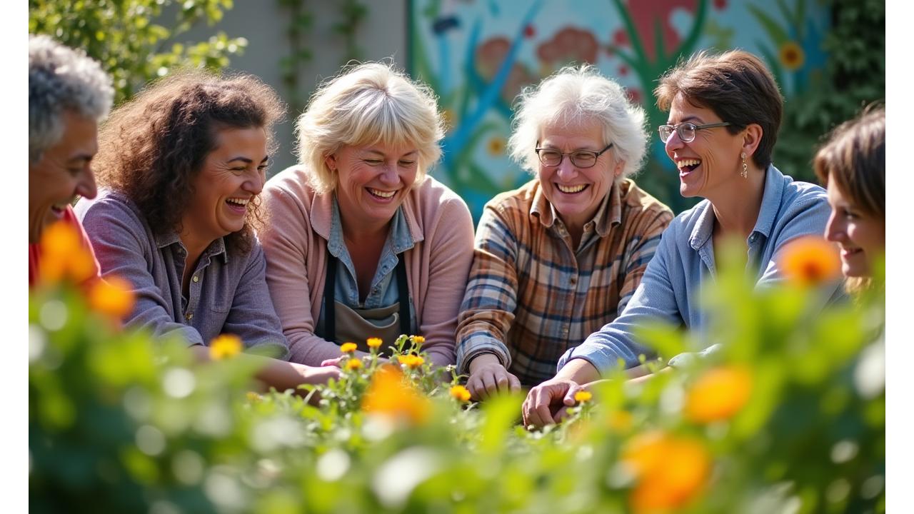 A vibrant community group of diverse older adults collaborating on a gardening project, laughing and sharing tools, emphasizing social connection and shared purpose.