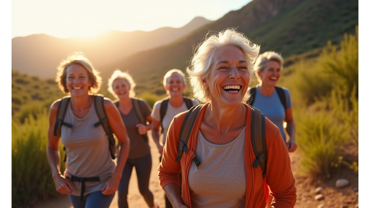 A diverse group of vibrant adults aged 50s to 70s laughing and hiking a scenic mountain trail, showcasing strength, joy, and camaraderie.