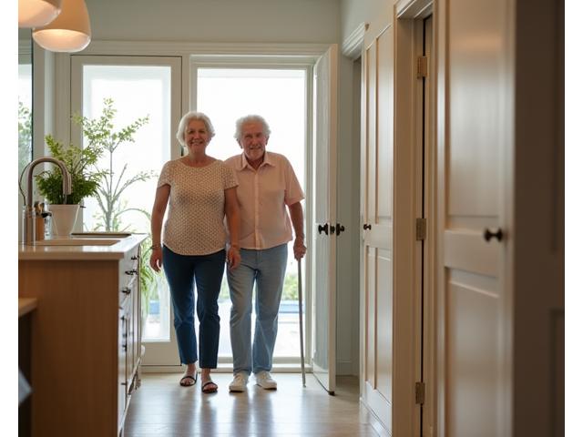 An older couple safely navigating a brightly lit, decluttered home with grab bars in the bathroom, symbolizing home safety modifications.