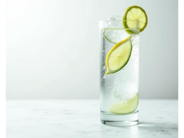 A clear glass of water with ice and a slice of lemon on a minimalist table, emphasizing hydration.
