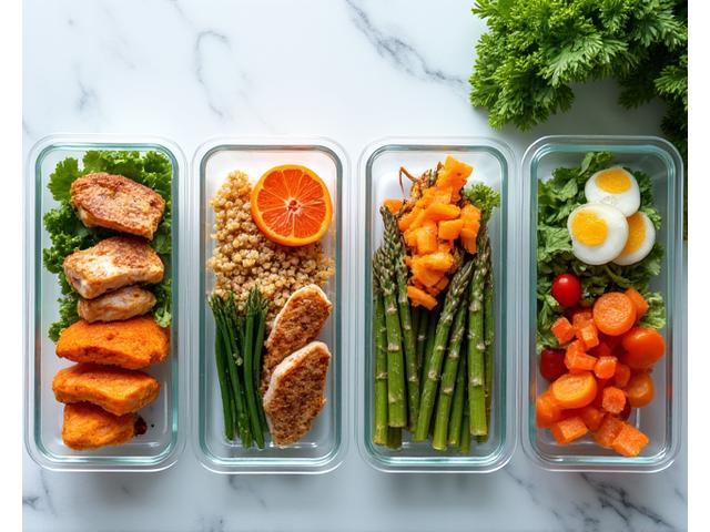 A neatly organized meal prep spread with healthy, portioned meals in containers, symbolizing easy meal planning.