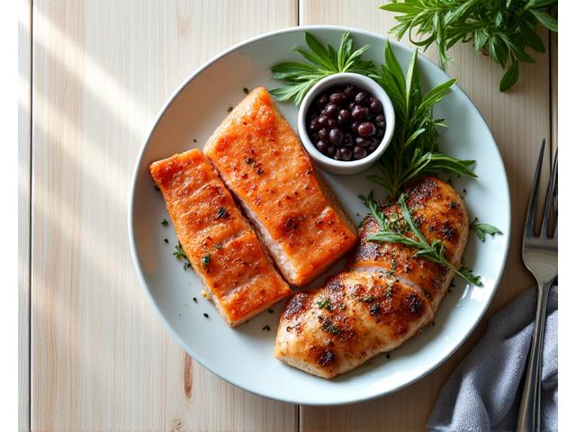 Lean protein sources like grilled chicken, salmon, and lentils arranged artfully on a plate, representing adequate protein intake for older adults.