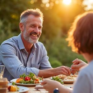 David, a smiling 49-year-old man, enjoying a healthy, home-cooked meal outdoors with his family, radiating vitality.