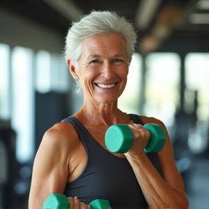 Elizabeth, a smiling 64-year-old woman confidently lifting a light dumbbell in a bright gym setting.