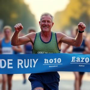Mark, a determined 58-year-old man, crossing the finish line of a marathon with a triumphant smile.