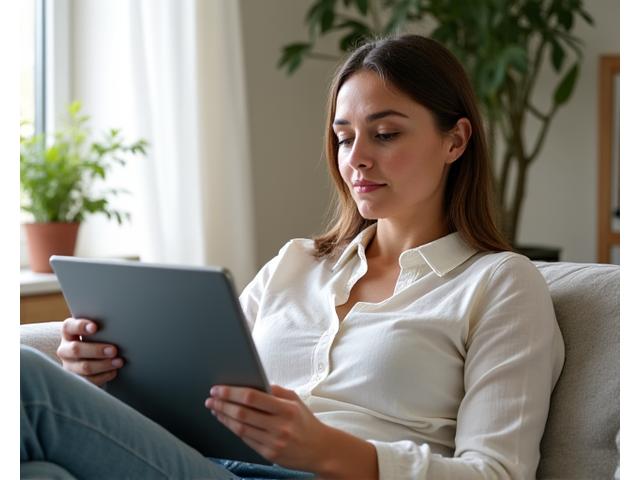 Woman having a virtual wellness consultation on a tablet, with natural light and a serene background.