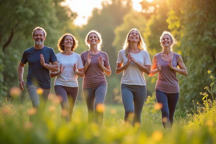 Diverse group of people in an outdoor wellness session, embodying community and natural health.