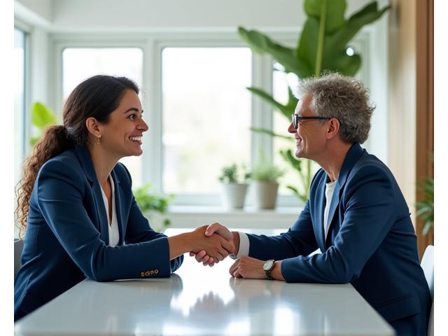 Two diverse professionals shaking hands in a modern, light-filled office, symbolizing collaboration.