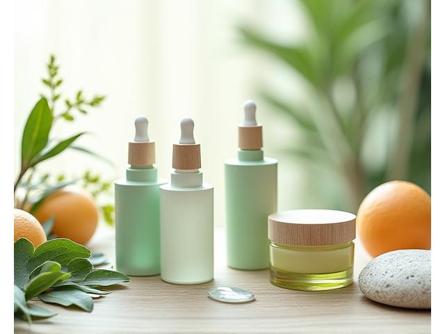 Elegant arrangement of eco-friendly beauty products: clean skincare bottles, non-toxic cosmetic brushes, and sustainable personal care items on a natural wood surface.