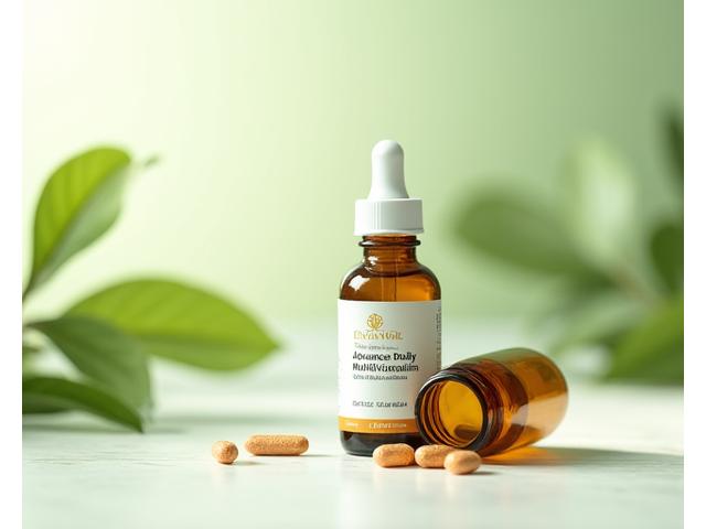Elysian Well's Advanced Daily Multivitamin bottle and capsules, with green leaves in the background.