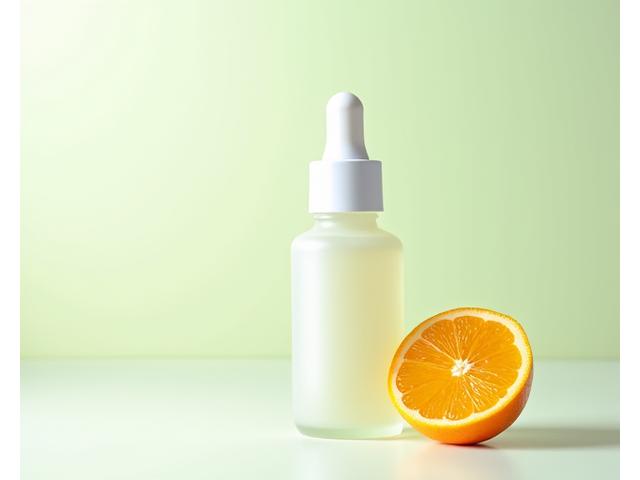 Elysian Well's Hyaluronic Acid + Vitamin C Serum bottle on a bright, minimalist background with a single citrus slice.