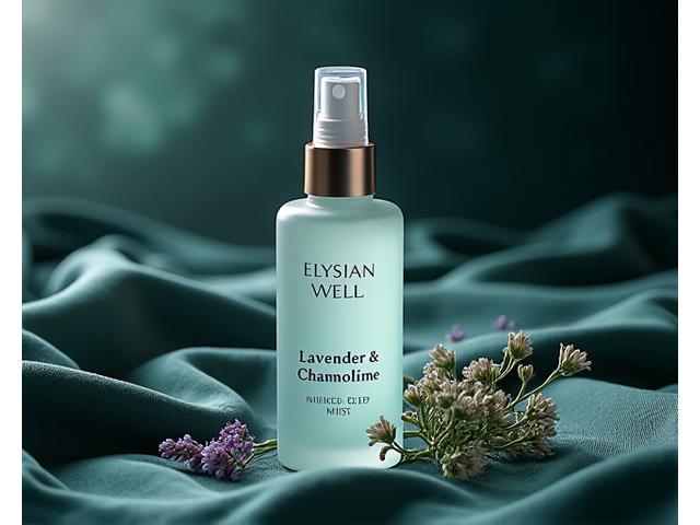 Elysian Well's Lavender & Chamomile Sleep Mist bottle on a soft, dark fabric, suggesting tranquility.