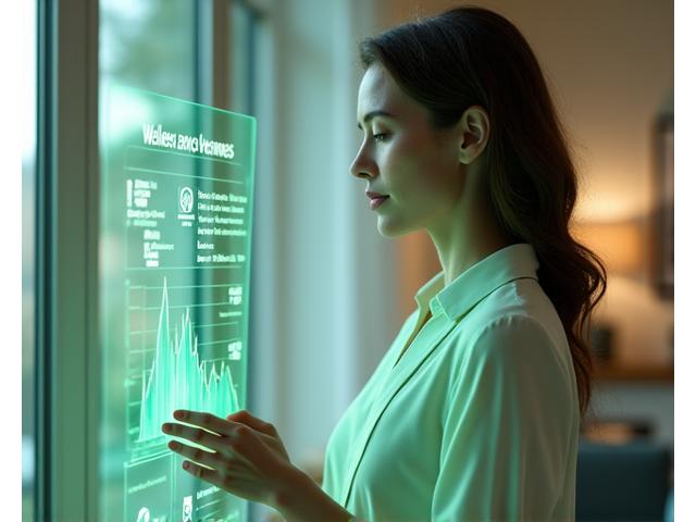 A woman interacts with a sophisticated holographic interface displaying personalized wellness metrics and product recommendations, set in a modern, calm environment.