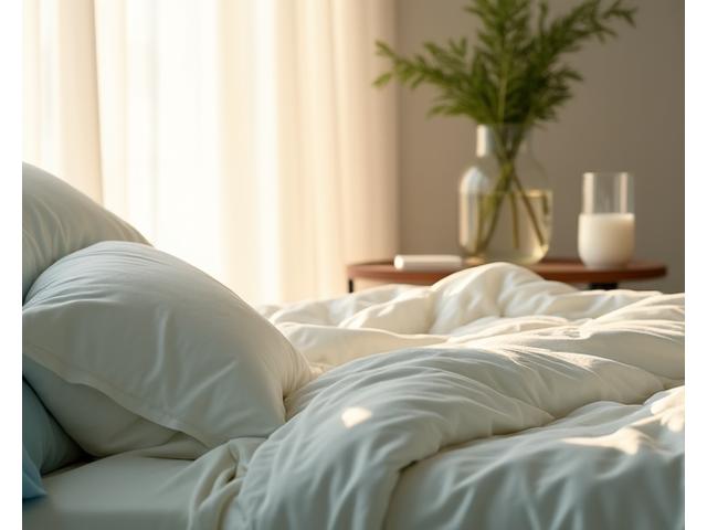 A serene bedroom scene with a comfortable mattress, soft pillows, and a sleep tracking device on a bedside table, illustrating sleep enhancement products.