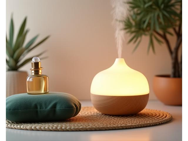 A tranquil setting with aromatherapy diffuser, essential oils, soft meditation cushion, and smooth river stones, evoking stress management and relaxation.