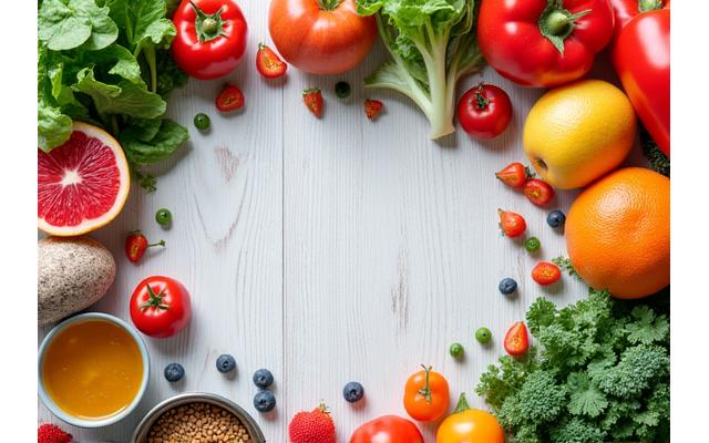 Vibrant, healthy foods like kombucha and fresh produce, representing the concept of gut health.