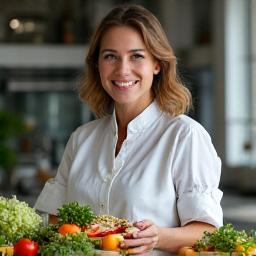 Smiling nutritionist analyzing a healthy food plate with fresh ingredients.
