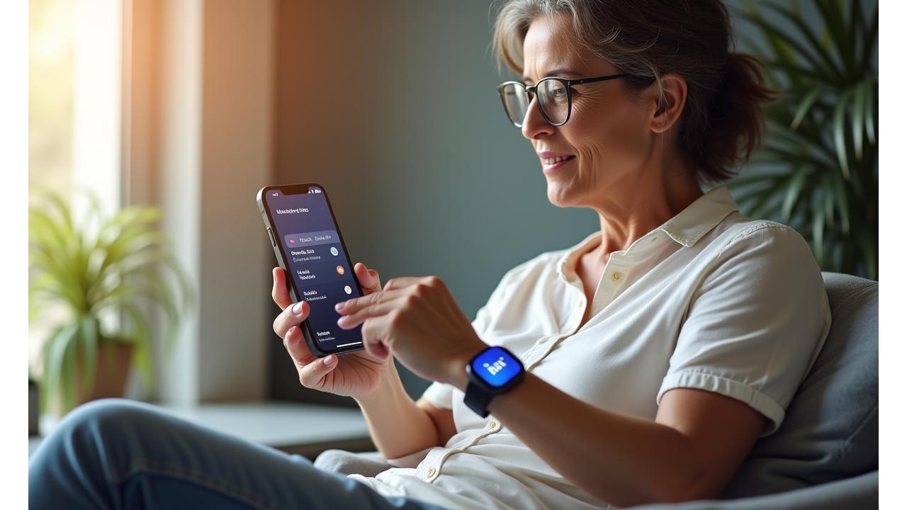A person seamlessly tracking wellness habits using a smartphone, smartwatch for different inputs.