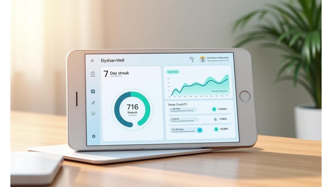 Interactive dashboard displaying habit streaks, progress charts, and achievement badges on Elysian Well's platform.