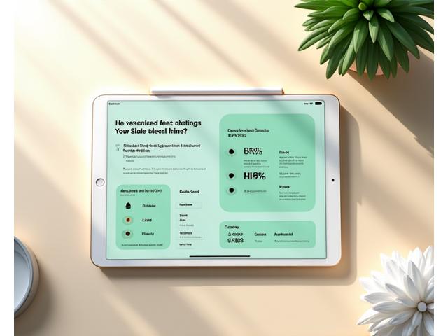 Screenshot of a tablet displaying an interactive wellness assessment with multiple-choice questions about lifestyle habits, alongside a personalized progress dashboard.
