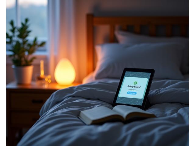 Bedroom environment with soft lighting and essential oil diffuser, reflecting a sleep optimization plan on a nightstand tablet.