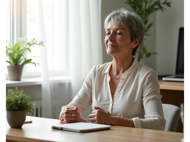 Person practicing mindfulness meditation in a peaceful home office setting, representing a stress reduction protocol.