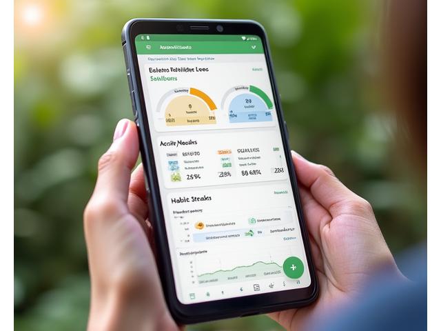Screenshot of a mobile wellness tracking dashboard showing progress charts and habit streaks.