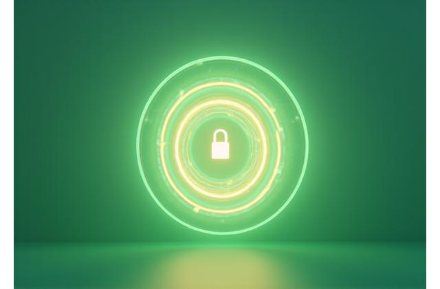 Abstract image of a glowing digital lock surrounded by protective shield, symbolizing data protection and privacy