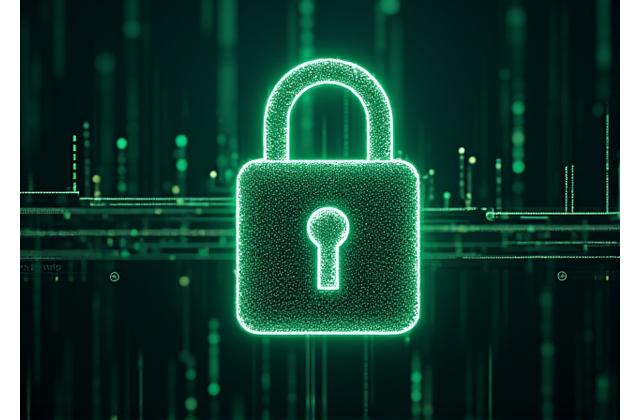 Cybersecurity lock icon with multiple layers of digital protection, symbolizing robust data security practices