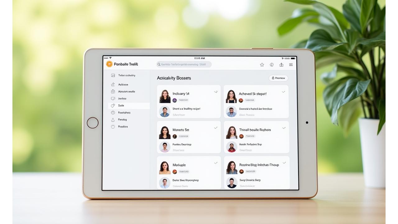 Screenshots of live community activity feed showing member achievements and support interactions