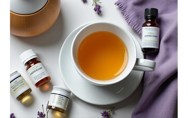 A collection of natural sleep aids: chamomile tea, magnesium supplements, and lavender essential oil, artfully arranged.