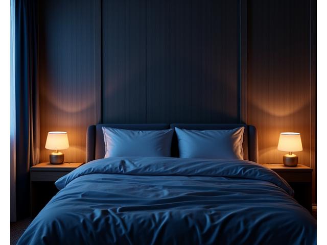 A perfectly arranged, clean, and dimly lit bedroom with elements like blackout curtains, a comfortable bed, and a subtle white noise machine, creating a peaceful sleep environment.