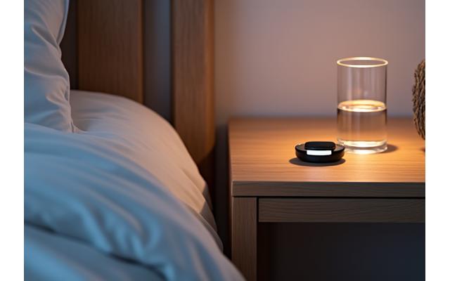 A sleek wearable sleep tracker on a bedside table next to a smart alarm clock and a glass of water.
