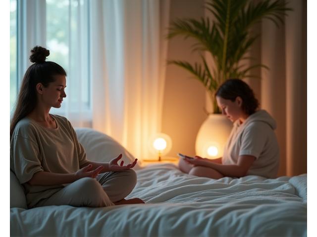 A diverse group of adults practicing calming activities like meditation, journaling, and gentle stretching, symbolizing effective sleep strategies.