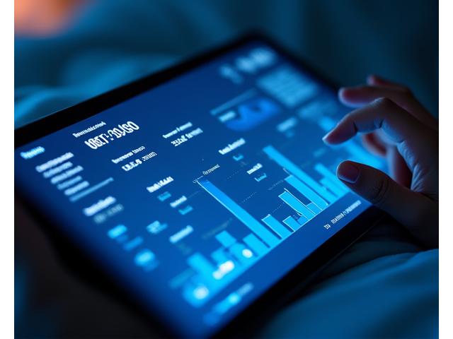 A sleek digital dashboard displaying sleep metrics like duration, deep sleep, light sleep, and REM cycles, with trend lines showing improvements over time.