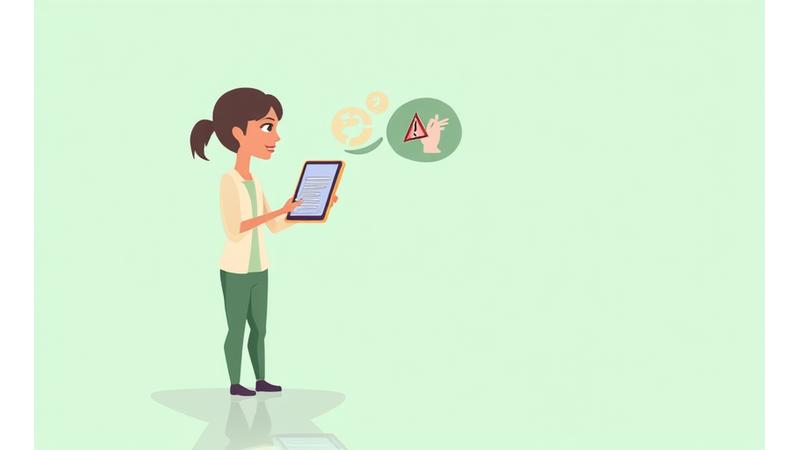 Illustration of a person consulting an online doctor on a tablet, with a clear warning symbol, emphasizing digital health information is not a replacement for professional medical advice.