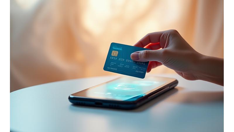 Illustration of a hand holding a credit card over a smartphone showing billing details, surrounded by subtle organic shapes, symbolizing secure and transparent financial transactions.