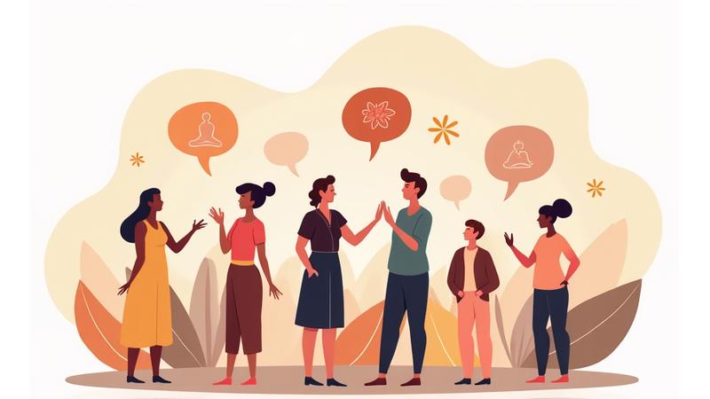 Illustration of diverse individuals engaging respectfully within a digital community, symbolized by interconnected speech bubbles and gentle, organic lines.
