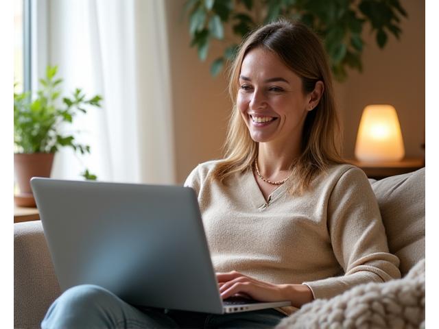 Woman comfortably attending a virtual workshop on a laptop, smiling and engaged, with a tranquil home background.